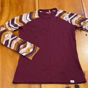 WILD RYE 2 Plum 100% Merino Wool Baselayer Crew Neck Shirt Top LS Printed Sleeve